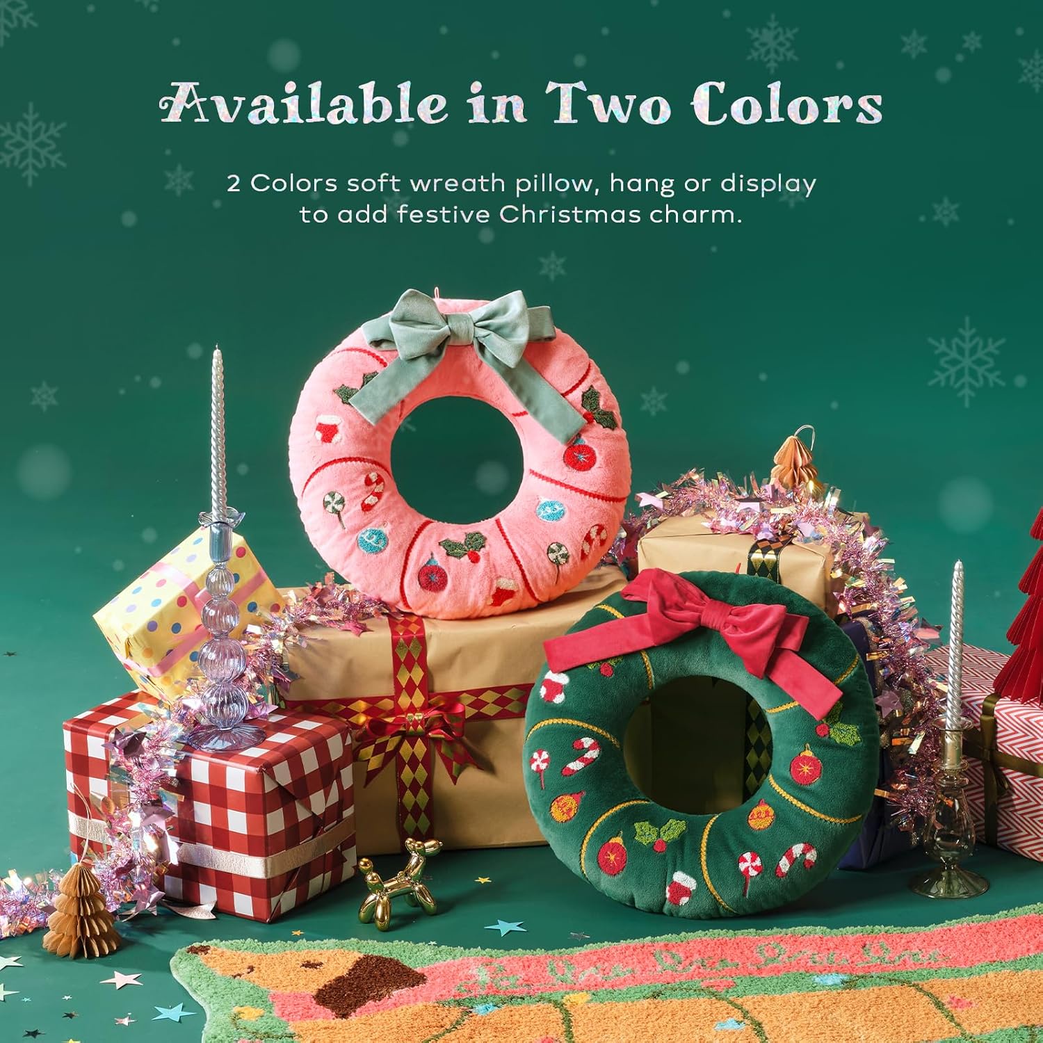 Christmas Wreath Shaped Throw Pillow, 16.5x16.5 Inch Soft Short Plush with 3D Bow & Embroidery, Green Decorative Cushion for Sofa and Bedroom