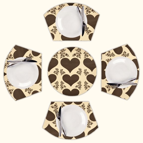 Brown Heart Pattern paper Round Table Placemats Set Of 5 Wedge Table Mats Washable Heat Resistant Place Mat For Dining Table Kitchen Farmhouse Restaurant