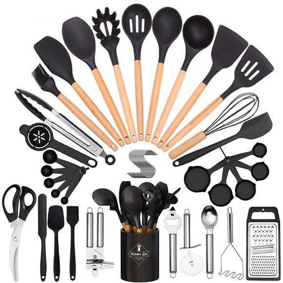 Ensemble d'Ustensiles de Cuisine 44 Pcs Ensemble d'Ustensiles de Cuisson en Silicone Antiadhésif avec Manche en Bois Gadgets de Cuisine Ensemble d'Outils pour Batterie de Cuisine Antiadhésive Décor de Noël Décor d'Automne