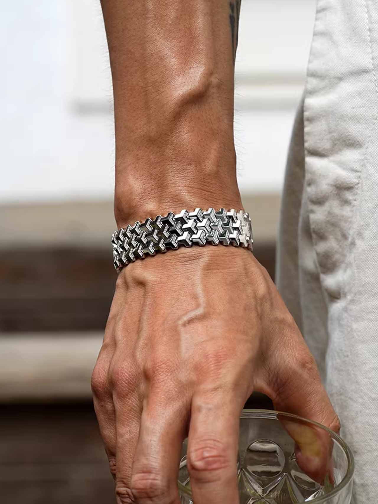 Men Geometric Link Bracelet, Handmade Modern Out Jewelry Accessories for Men Silver 6.5 inches