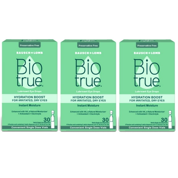 3 Pack - Biotrue Hydration Boost Eye Drops for Irritated, Dry Eyes in Single Dose Vials from Bausch   Lomb, Instant Moisture, Preservative Free, pH Balanced, Naturally Inspired, 30 Count