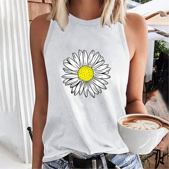 Aloohaidyvio Tank Tops for Women,Women's Summer Flower Print Basic Tank Tops 2024 Round Neck Soft Casual Loose Sleeveless Shirts