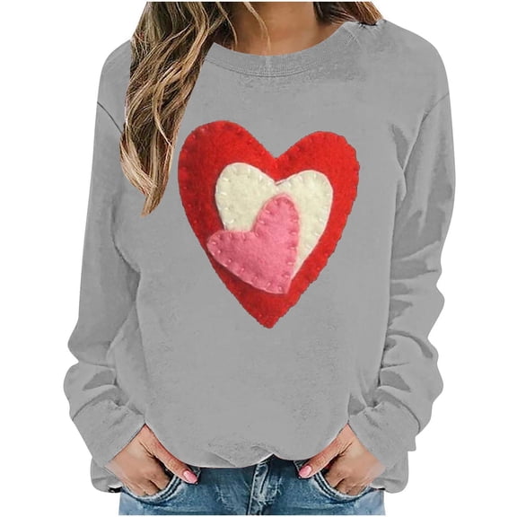 Women's Valentines Sweatshirt Long Sleeve Glitter Heart Print Crewneck Pullover Top for Romantic Dates Gray XL