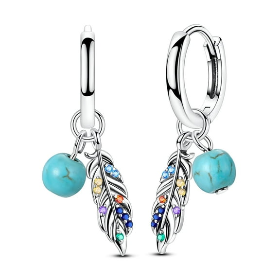 MULA Original European Women 925 Sterling Silver Hoop Earrings Feather Turquoise AAA CZ Jewelry Birthday Gift