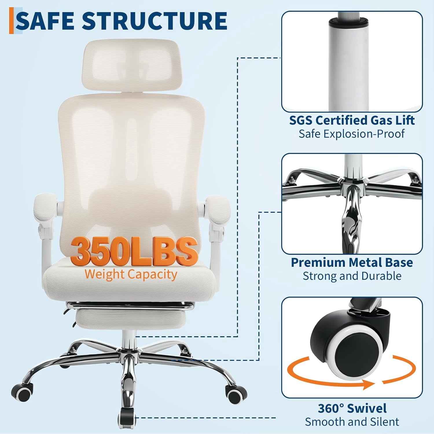 High-Back Ergonomic Office Chair with Mesh, Footrest & Lumbar Support, 350 Lb Capacity Adjustable Desk Chair for Home/Gaming
