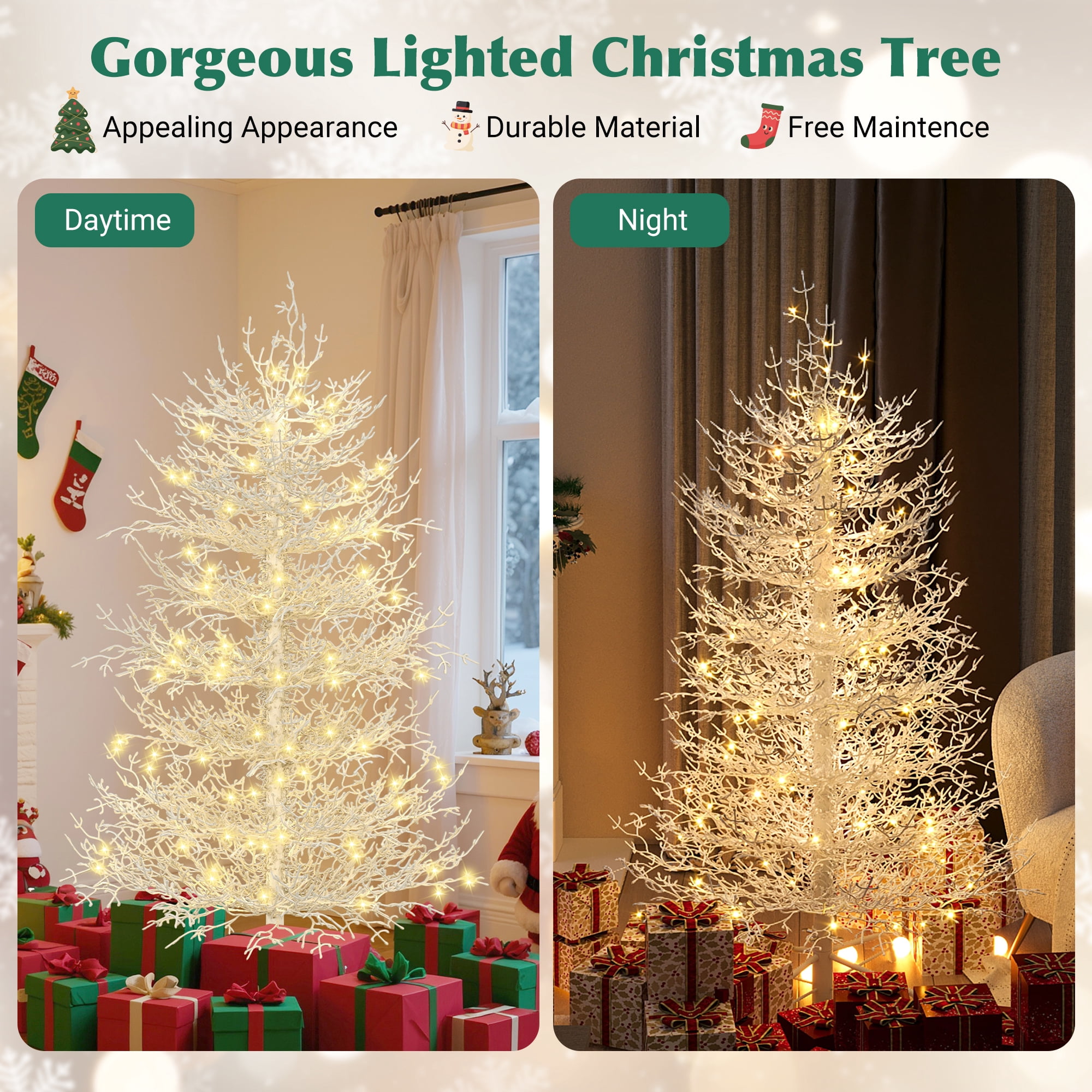 Euroco 4FT Pre-lit Aspen Fir Artificial Christmas Tree, Hinged Xmas Tree 280 Snow Flocked Branch Tips, 230 Warm Yellow LED Lights, Holiday Coral Christmas Tree for Home Party