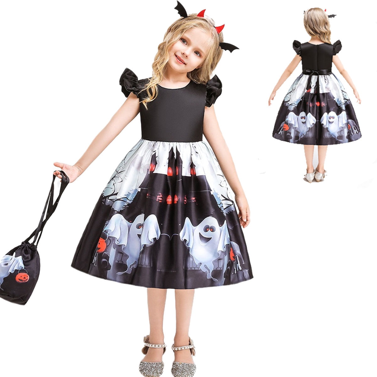 Kids Girls Halloween Costume Dress Ghost Pumpkin Skull Printed Fancy Dress Up Cosplay Party