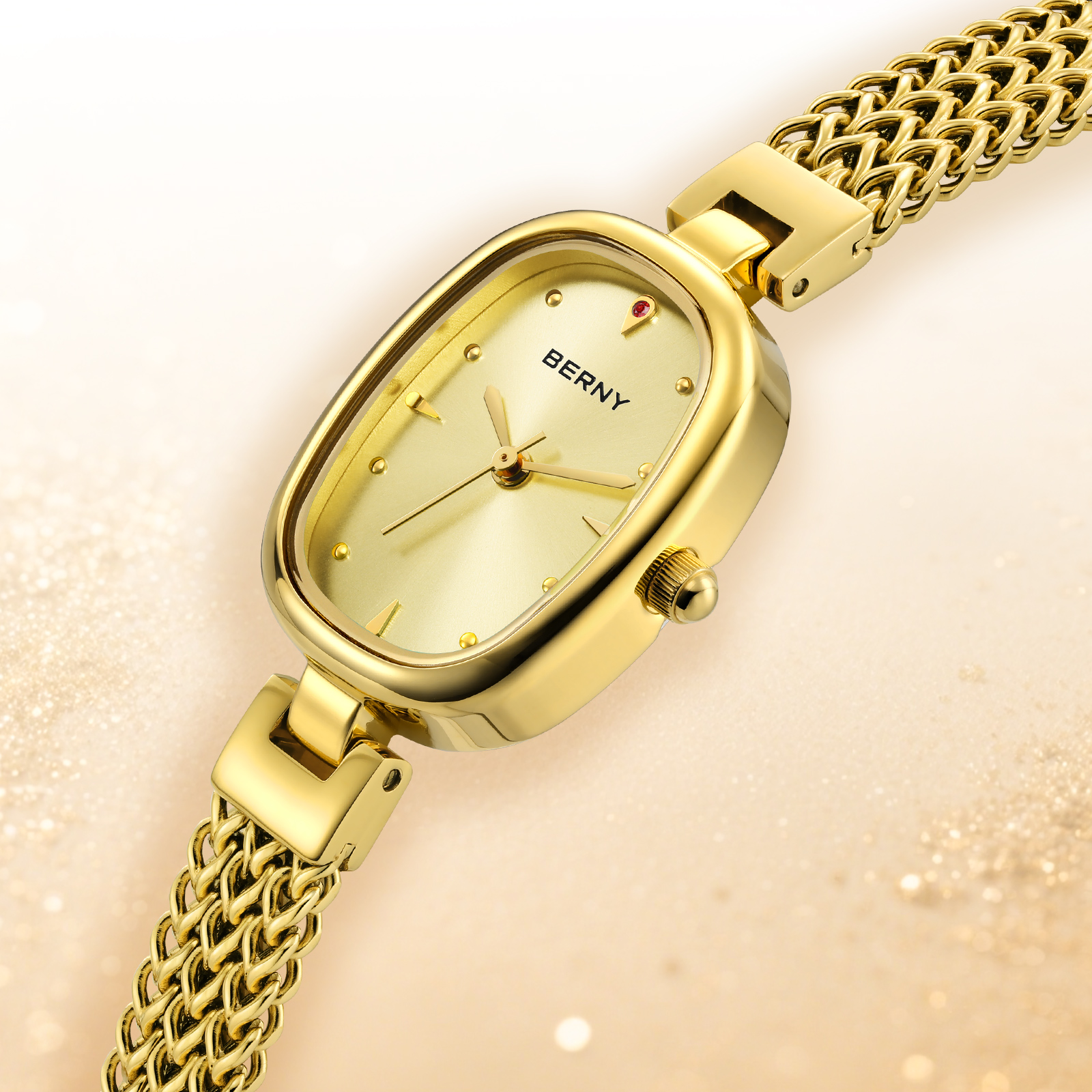 BERNY Small Gold Watches for Women, Dainty Oval Analog Quartz Bracelet Watch, Stainless Steel, Waterproof, Minimalist Luxury Ladies Watches Gifts (Gold)