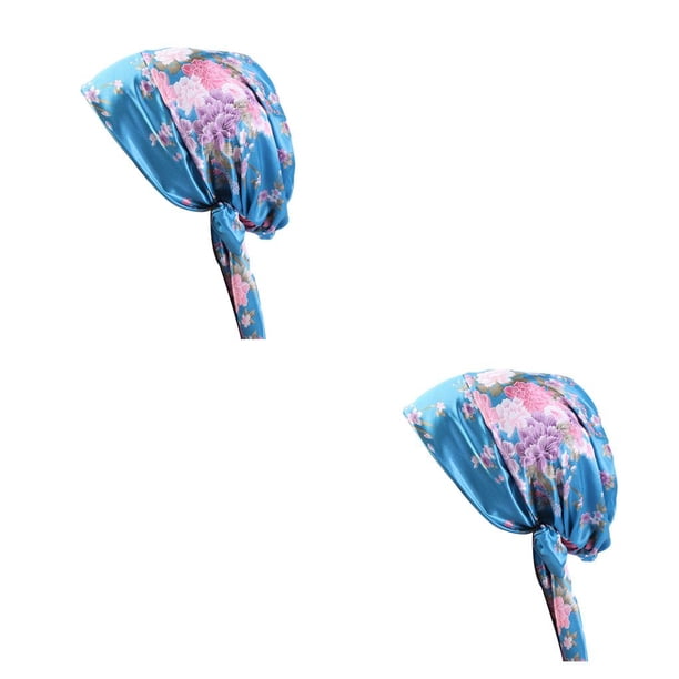 Qarigey Envoltura de seda para el cabello Streamer de moda Suavidad Cubierta para la cabeza Bufanda para la cabeza Gorro para dormir Envolturas Lago azul 2Conjunto