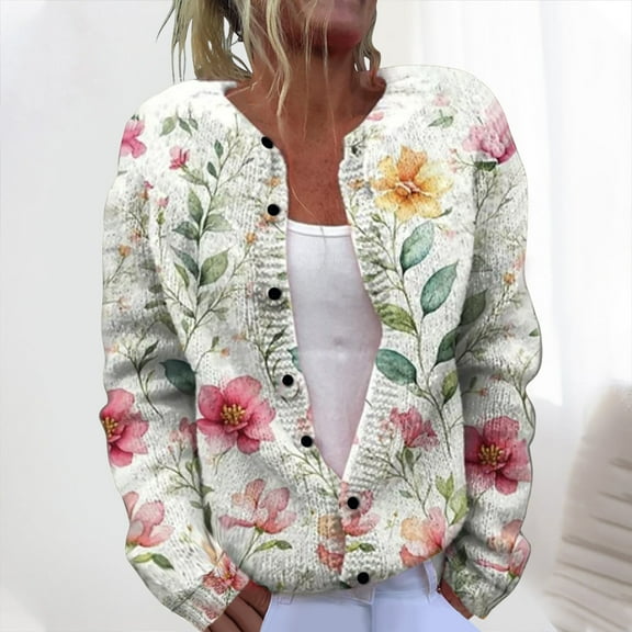 Trushirts Womens Soft Acrylic Floral Print Cardigan - White, Button-Front Round Neck, Plus Size S-XXXXXL, Layering Piece for Spring Autumn Casual Office Daily Wear,Size S