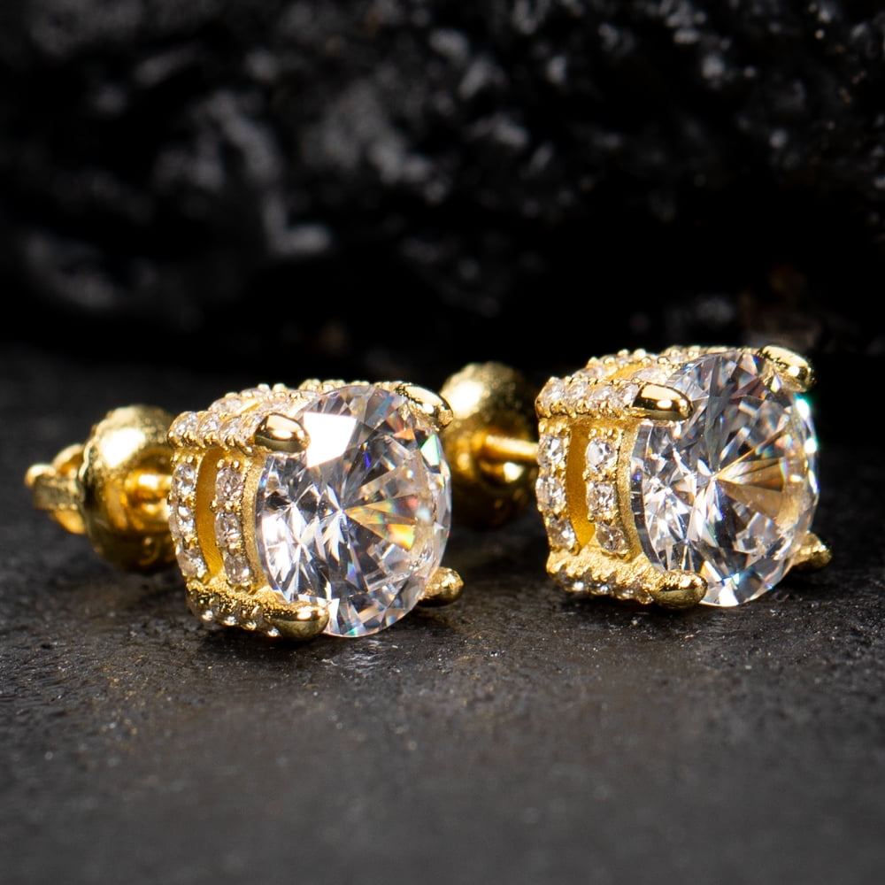 Men Women Classic Yellow Gold Plated 925 Sterling Silver Fully Iced Cz Round Solitaire Stud Earrings Screw Back Stud Circle Earrings 9 Millimeters Unisex Small Earring Studs