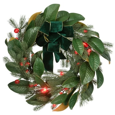 National Tree Company Pre-Lit Artificial Christmas Wreath, Green, Mixed Pine, Green Bow, 50 Red Berry LED Lights, Remote Control, 24 Inch