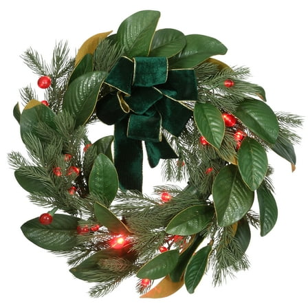 National Tree Company Pre-Lit Artificial Christmas Wreath, Green, Mixed Pine, Green Bow, 50 Red Berry LED Lights, Remote Control, 24 Inch