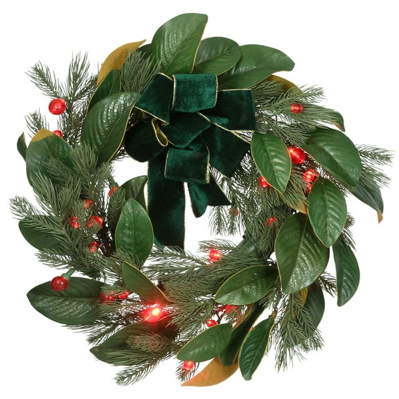 National Tree Company Pre-Lit Artificial Christmas Wreath, Green, Mixed Pine, Green Bow, 50 Red Berry LED Lights, Remote Control, 24 Inch