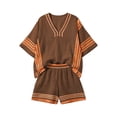 thumbnail image 5 of WERYOUNG Girls Bohemian Summer Outfits V Neck Half Sleeve Striped Tops Elastic Waist Shorts With Striped Headband Kids Beach Vacation Sets Versatile Clothing Sets 3-4 Years, 5 of 5