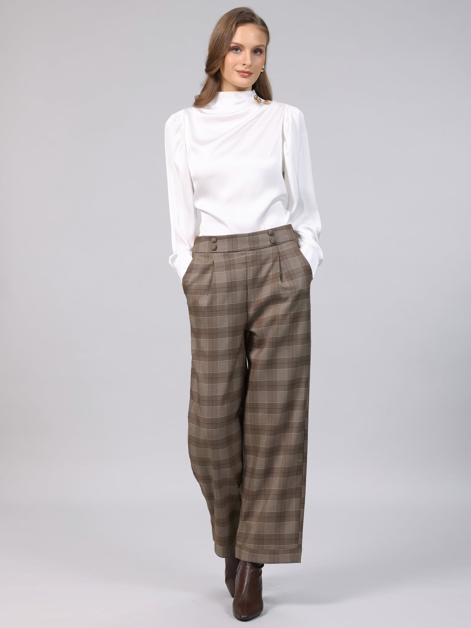 DARING DIVA Women's Plaid Work Pant High Waist Houndstooth Trousers XL Brown