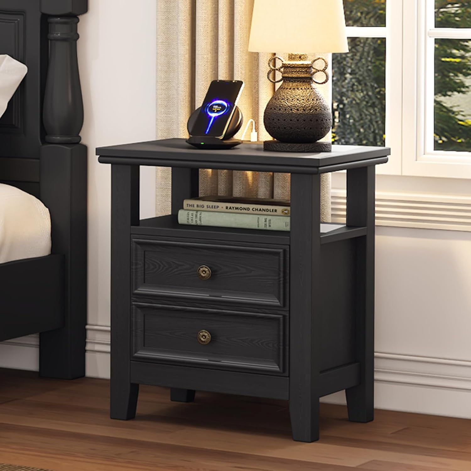 BOSHIRO Black Nightstand with Charging Station, 2-Drawer Modern Bedside End Table with USB Ports & AC Outlets, Night Stand with Open Shelf