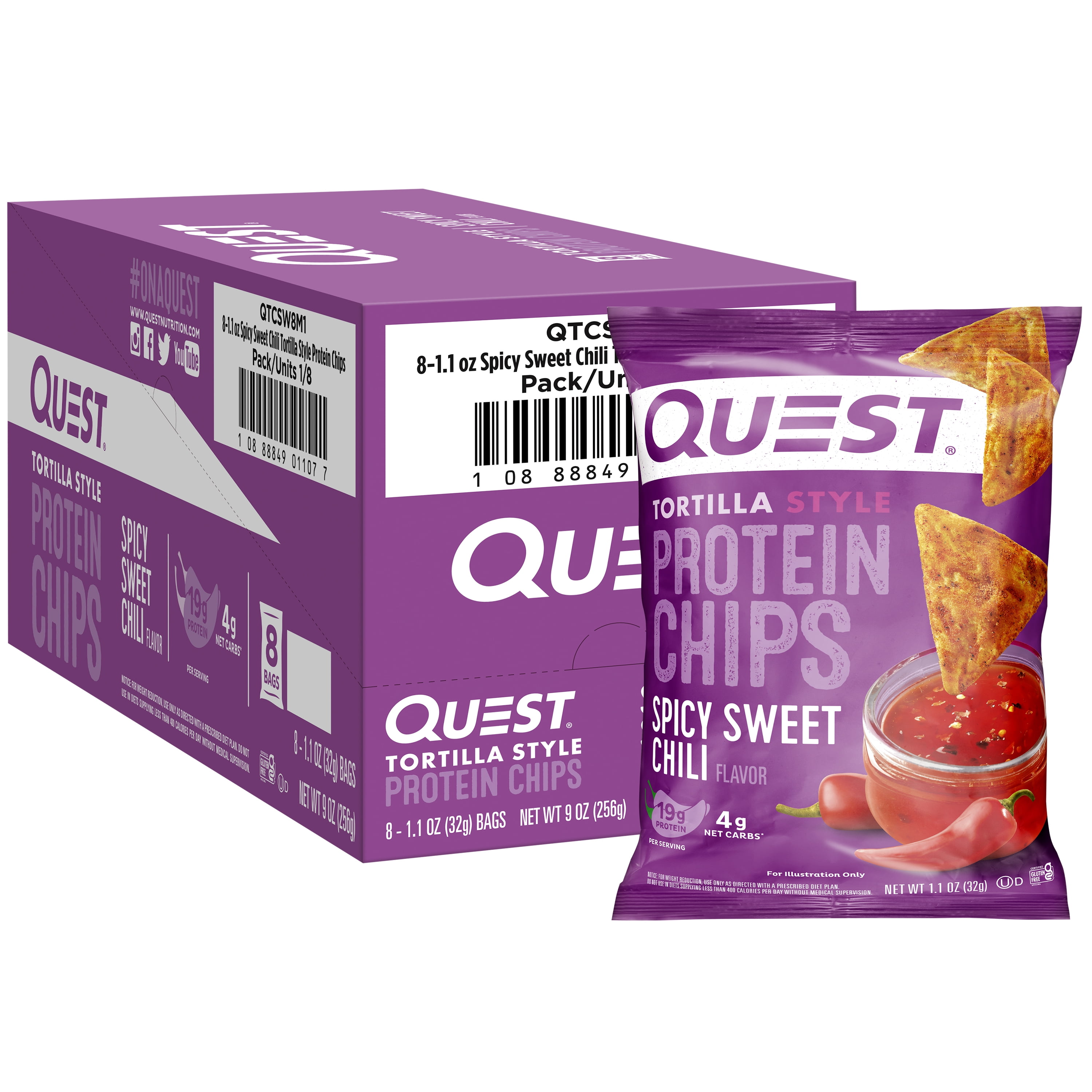 (2 pack) Quest Tortilla Style Protein Chips, Spicy Sweet Chili Flavor, 19g of Protein, 1.1 oz Bags, 8 Count