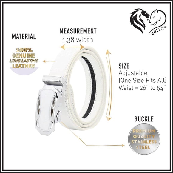Celino Boucle Coulissante Réglable à Cliquet Blanc et Argent Ceinture en Cuir Véritable 100 % pour Hommes, Taille Unique, Fabriqué en Europe