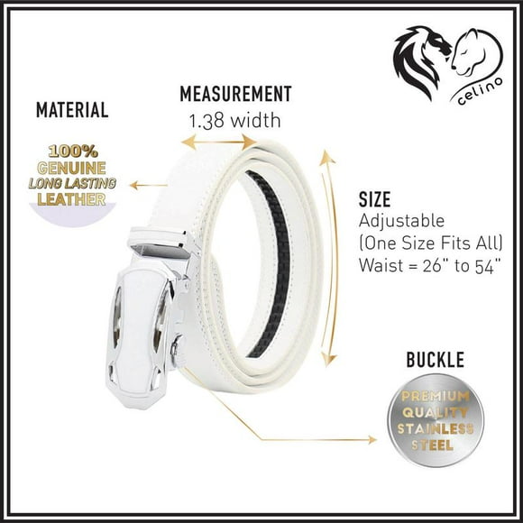 Celino White & Silver Adjustable Ratchet Slide Buckle 100% Genuine Leather Belt for Men, One Size Fits All, Made in Europe