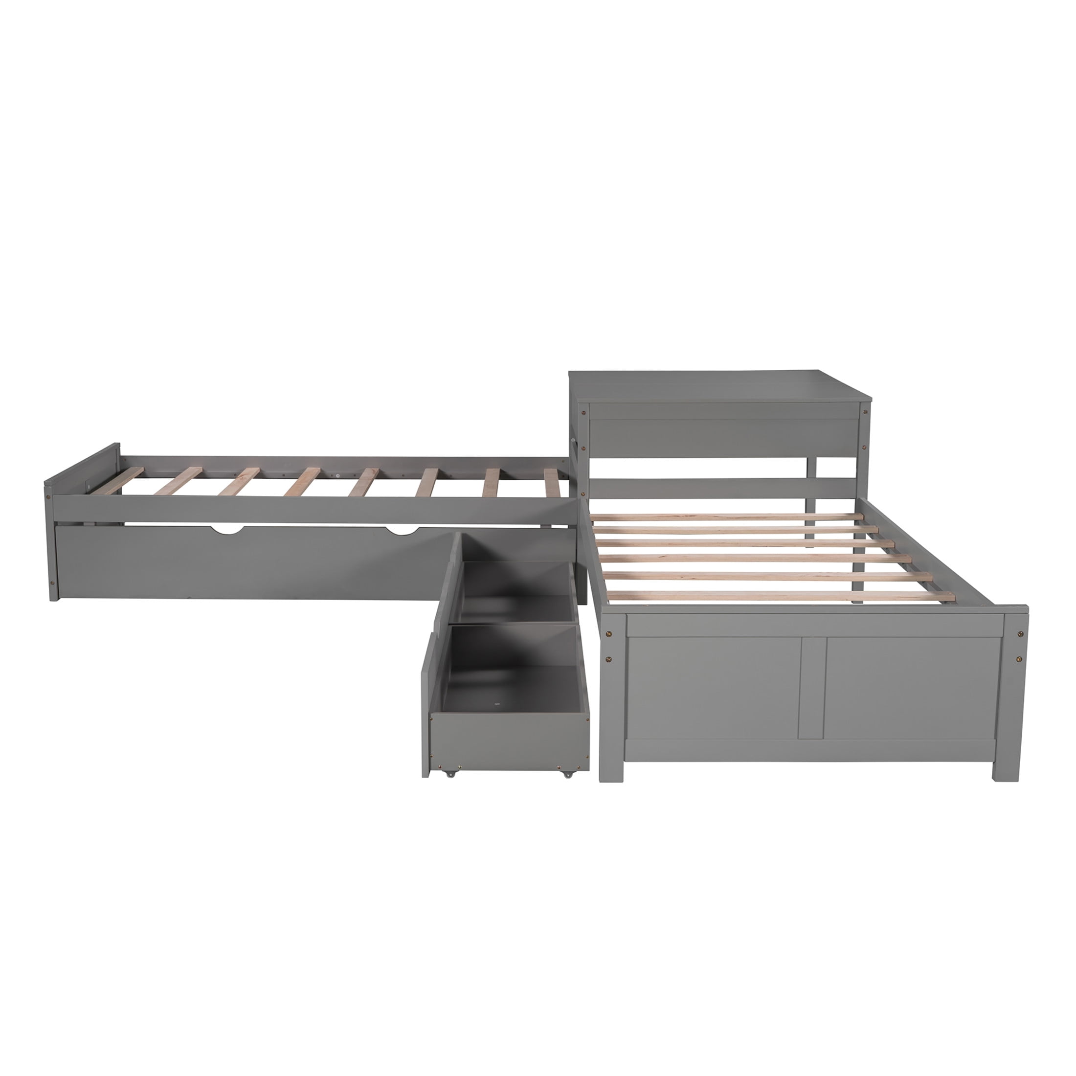 Noble House Solsto L-shaped Platform Bed with Trundle, Storage Drawers and Built-in Desk, Twin Size Corner Bed, Gray