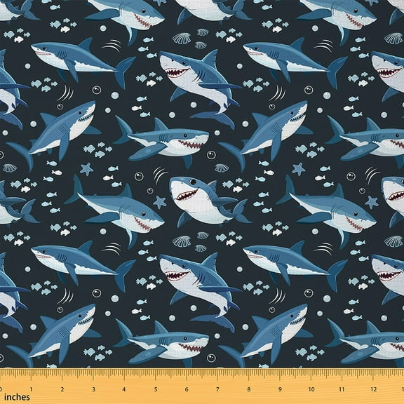 Manfei Kids Funny Shark Sewing & Crafting Fabric (1 Yard), Ocean Fish Home Decor Fabric by the Yard, Sea Animal DIY Fabric