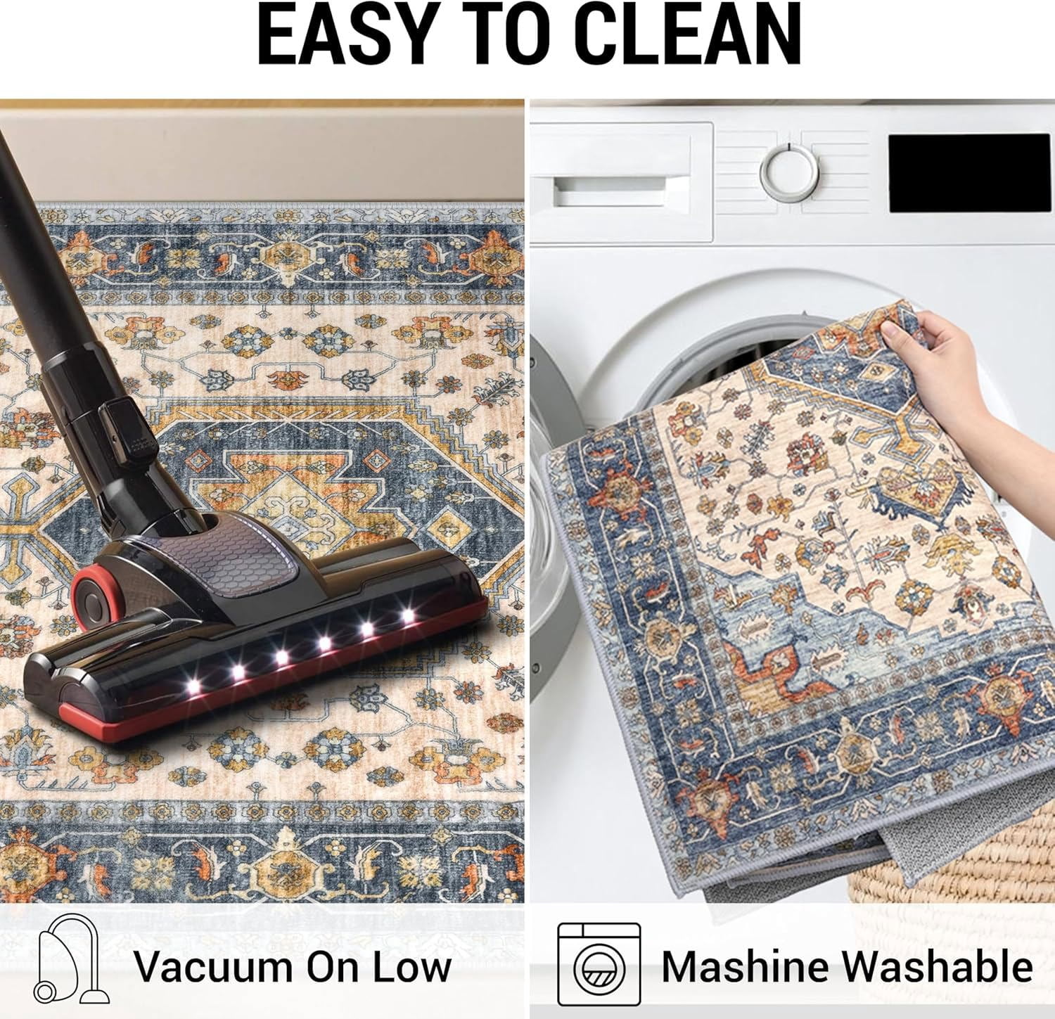 GLATTICE Washable Rugs 3x5 Ivory Blue Area Rugs Vintage Floral Rug for Living Room Non-Slip Kitchen Rugs Soft Printed Distressed Entry Rug Low-Pile Throw Rug Carpet for Entryway Bedroom