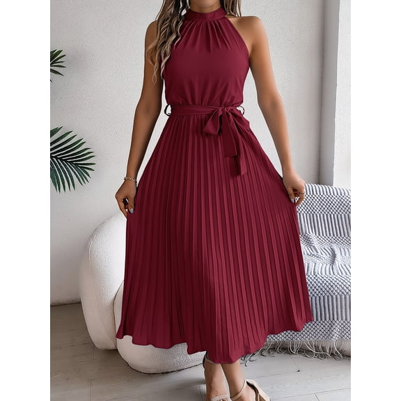 Women's Summer Sleeveless Halter Neck Pleated Midi Cocktail Dresses A Line Flowy Beach Sun Dress with Belt