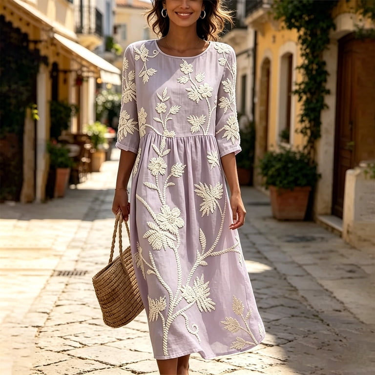 crew neck boho dress HOMBOM Womens Dresses with Pockets Casual Midi 3/4 Sleeve Floral A-Line for Women Style:Queen Heather Ecom Style:AP1E212792 Vintage 80s After Five Stretchy Dress
