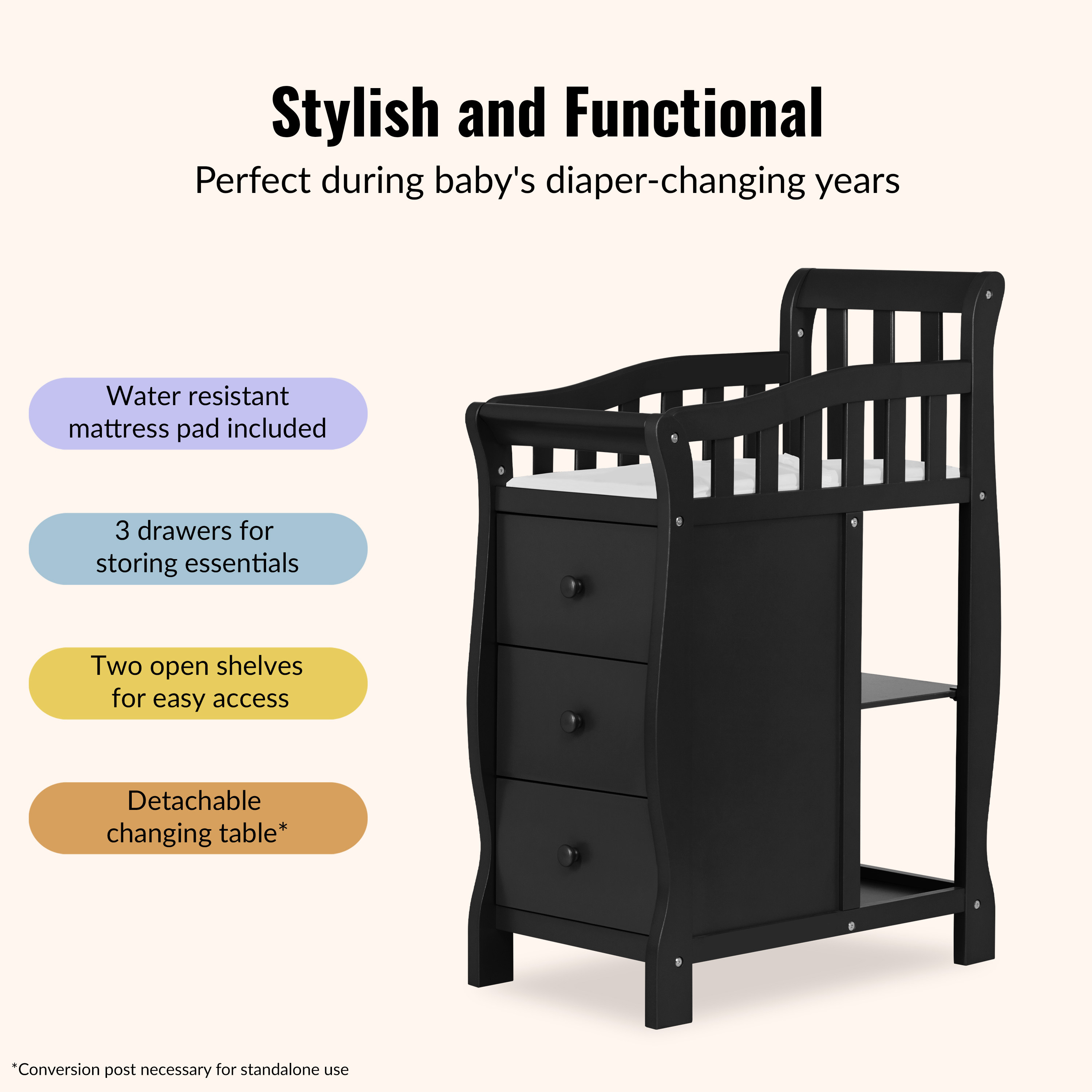 Dream On Me Jayden 4-in-1 Convertible Crib with Changer Black