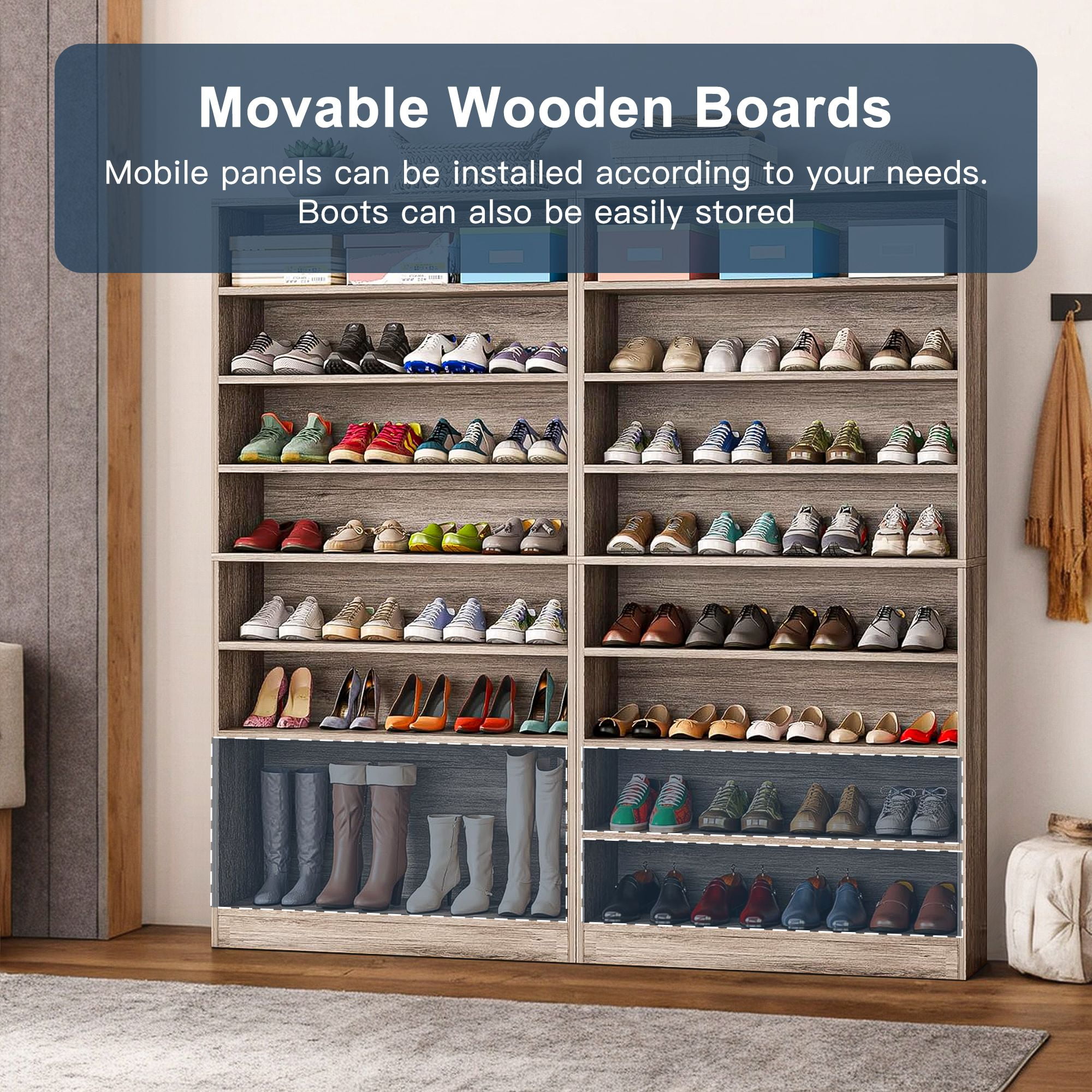 Demi Bonn Wooden Shoe Rack 9-Tier Shoe Storage Organizer Entryway Shoe Shelf, 40-45 Pairs Freestanding Shoe Cabinet, Gray