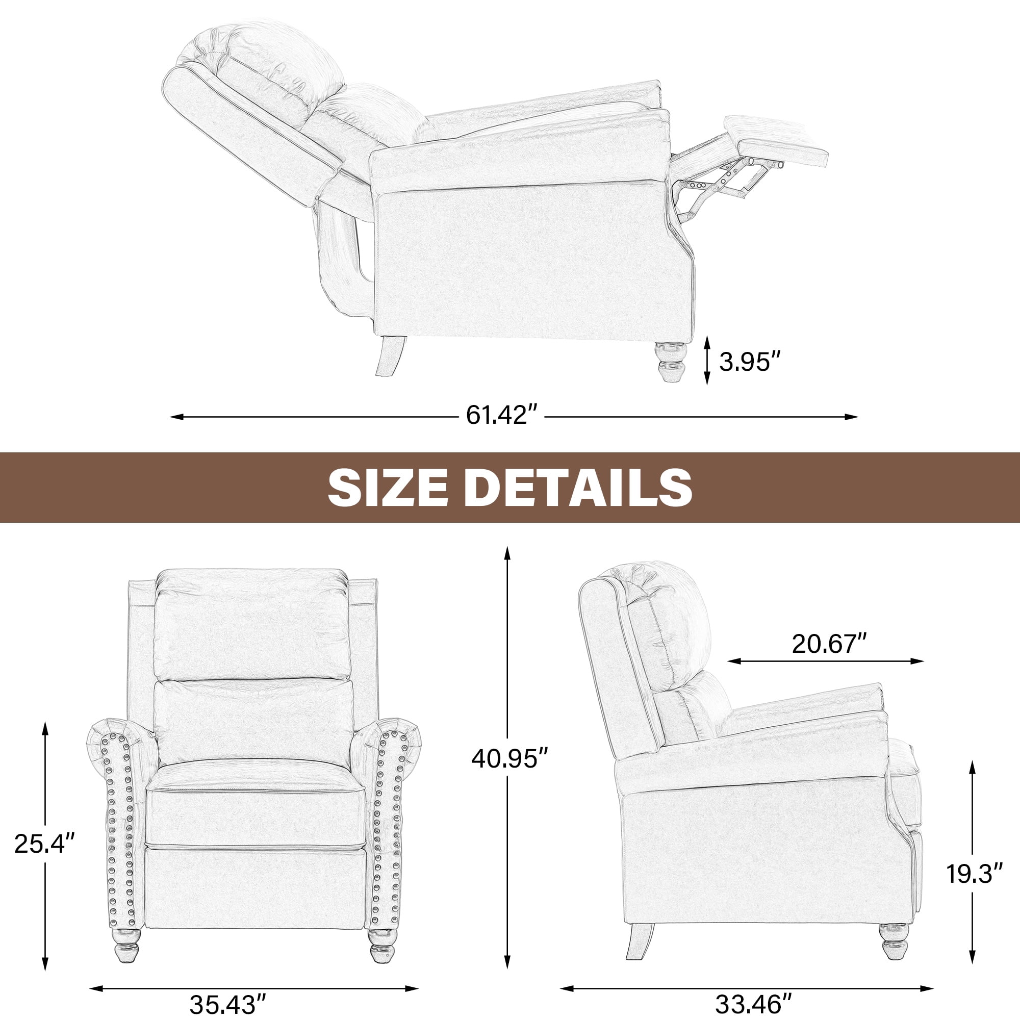 Manual Wingback Recliner Chair Upholstered Pushback Armchair Home Theater Single Sofa with Trim Wood Legs for Living Room, Flower