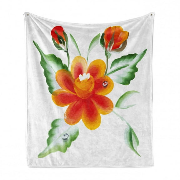 Garden Soft Flannel Fleece Throw Blanket, Watercolor Painting of Daffodils with Green Leaves Aquarelle Flora Bouquet, Cozy Plush for Indoor and Outdoor Use, 50" x 70", Orange Green, by Ambesonne