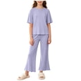 thumbnail image 2 of LEKWK Girls 2 Piece Pajamas Short Sleeve Loose Bow T-Shirts and Wide Leg Pants Summer Cute Lightweight Sleepwear Fashion Soft Modal Home Lounge Set 3-15Y, 2 of 7