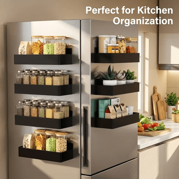 4-Piece Magnetic Spice Rack Organizer Set for Refrigerator, No-Drill Kitchen Storage with Towel Holder, Utensil Holder & 4 Hooks, Space-Saving Fridge Organizer