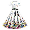 thumbnail image 1 of WILLBEST Robe Grise pour Femmes Imprimé Col Rond Manches Courtes Soirée Années 1950 Robe de Bal, 1 of 2