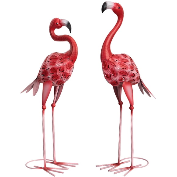 Metal Flamingo Garden Statues Red Flamingo Yard Art Outdoor Sculptures for Home Patio Lawn Backyard Décor, Set of 2