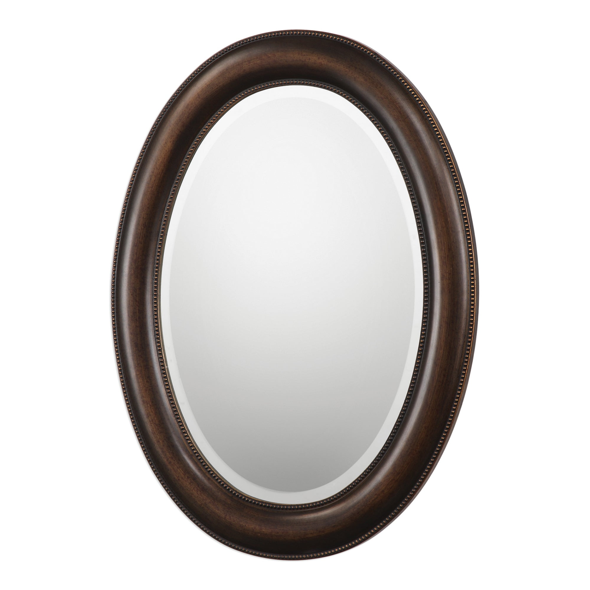 Oval Wooden Wall Mirror with Beading Details, Dark Brown and Silver
