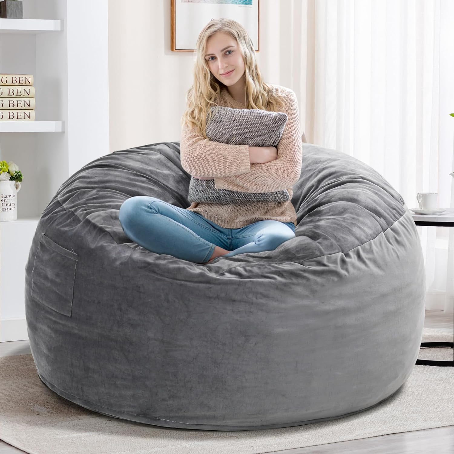 4 FT Bean Bag Chair for Adults, Teens, or Kids, Adult Size Beanbag Chair, Luxurious Memory Foam Filling, Washable Velvet Cover, Perfect for Living Room, Den, Bedroom, or Dorm, Light Grey