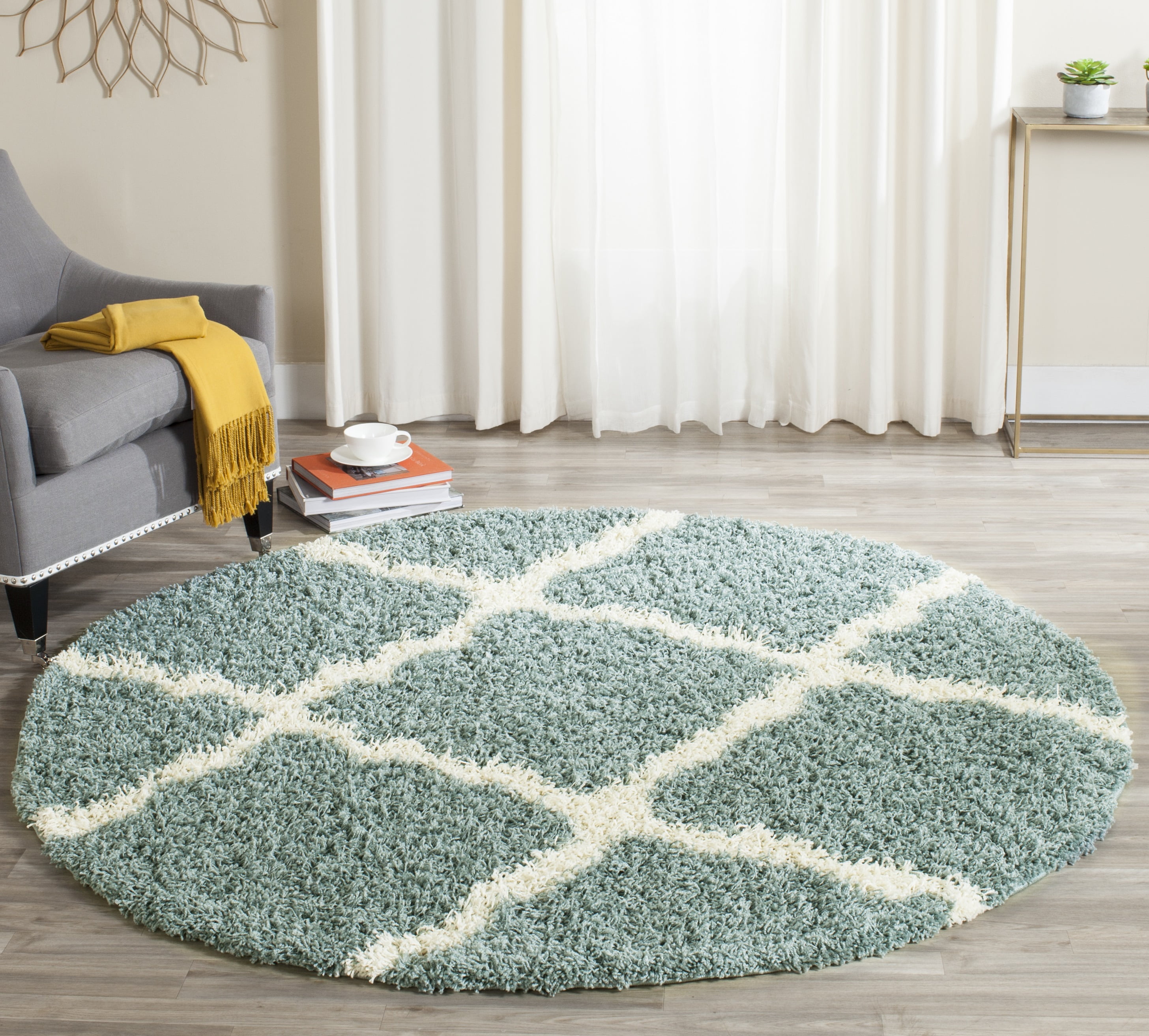SAFAVIEH Daley Geometric Plush Shag Area Rug, Seafoam/Ivory, 6' x 6