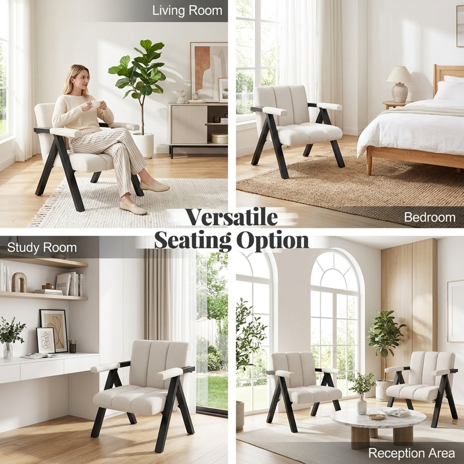 Furnibear Oversized Accent Chair with Metal Frame Ergonomic Armrests and Removable Cover for Living Room Reading Nook and Office, Beige