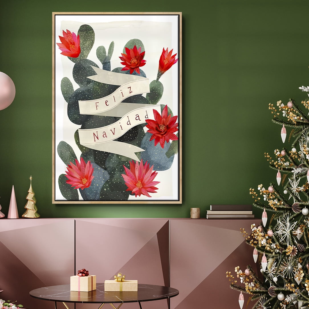 Desert Christmas Cactus I - Framed Gallery Wrapped Holiday Canvas - 17 x 25 - Natural Wood Frame