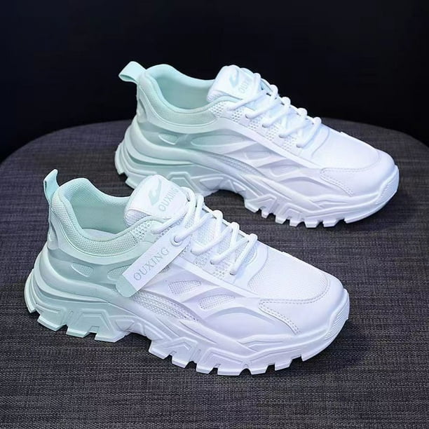 Zapatos casuales de color degradado de PU transpirable de malla para mujer con zapatos deportivos de fondo plano con fondo grueso