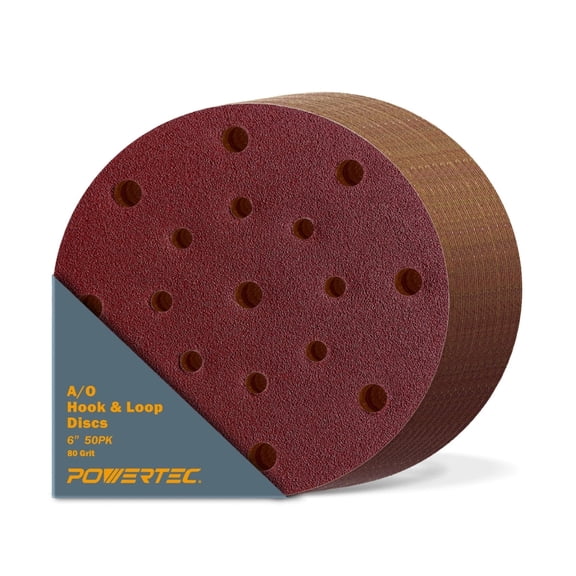 POWERTEC 50PK 6" x17 Holes, 80 Grit Sanding Disc |A/O Hook and Loop Disc for Random Orbital Sanders, 45808