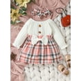 thumbnail image 2 of Infant Girl Spring A-Line Dress with Bow Headband, Long Sleeve Round Neck Plaid Print Patchwork Dress, 2 of 9