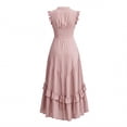 thumbnail image 4 of ChaoHeng Summer Dress Maxi Dresses for Women Solid V Neck Sleeveless Button Layer Ruffle Flowy Long for Pink M, 4 of 8
