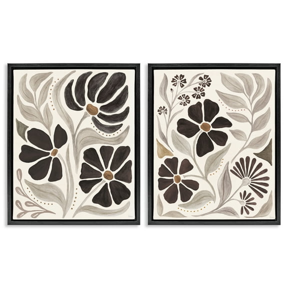 Stupell Industries Modern Neutral Petals Plants & Flowers Painting Black Floater Framed Canvas Art Print Wall Art, 17 x 21, Set of 2