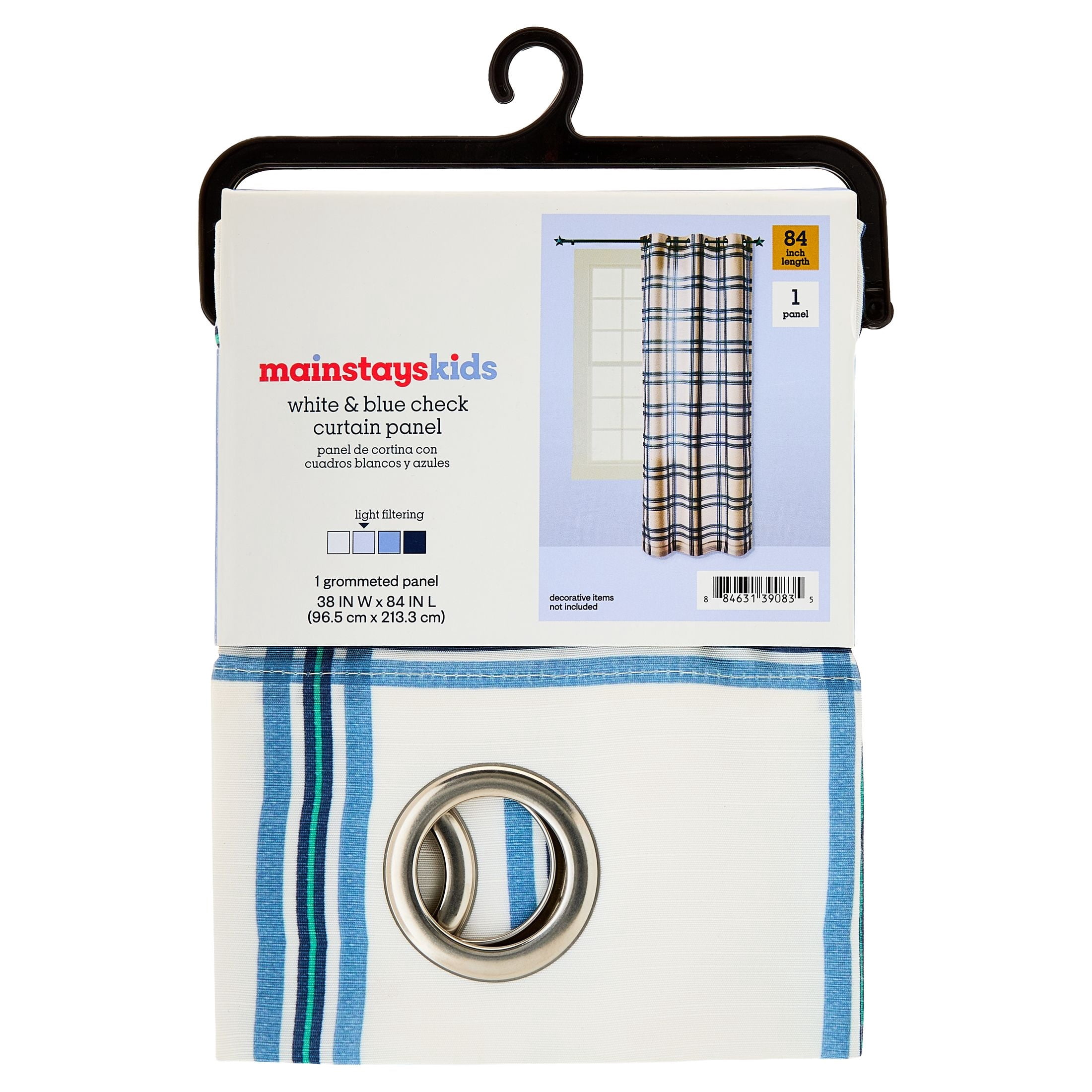 Mainstays Kids White and Blue Plaid Check Light Filtering Grommet Single Curtain Panel, 38 in W x 84 in L