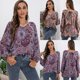 thumbnail image 4 of Moda mujer imprimir blusa con cuello en v manga larga encaje empalme suelto casual camisa bohemia to Abanopi Morado/Extragrande, 4 of 7