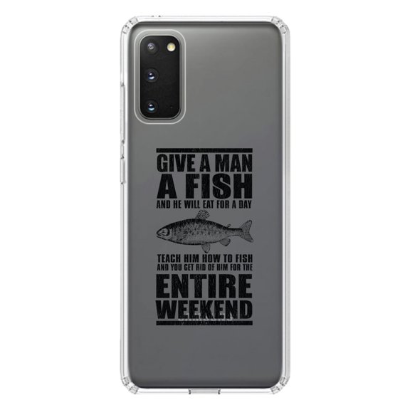 DistinctInk Clear Shockproof Hybrid Case for Galaxy S20 PLUS / 5G (6.7" Screen) - TPU Bumper Acrylic Back Tempered Glass Screen Protector - Teach Man to Fish, Get Rid of Him for Weekend